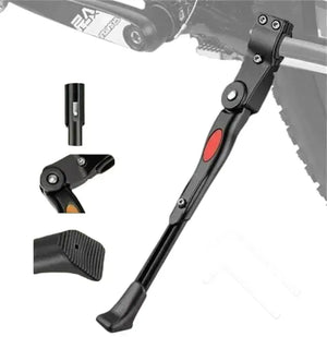 Black Adjustable Bicycle Kickstand – Multi-Angle Product Views Showing Mounting Clamps, Adjustable Mechanism, and Non-Slip Foot