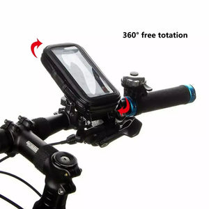 Black waterproof bike phone mount installed on handlebars with red arrows showing 360-degree rotation