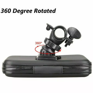 Back view of a black waterproof hard-shell phone case with a 360-degree rotating handlebar mount mechanism
