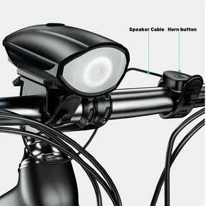 Bicycle headlight and horn installed on handlebar with labeled Speaker Cable and Horn Button.