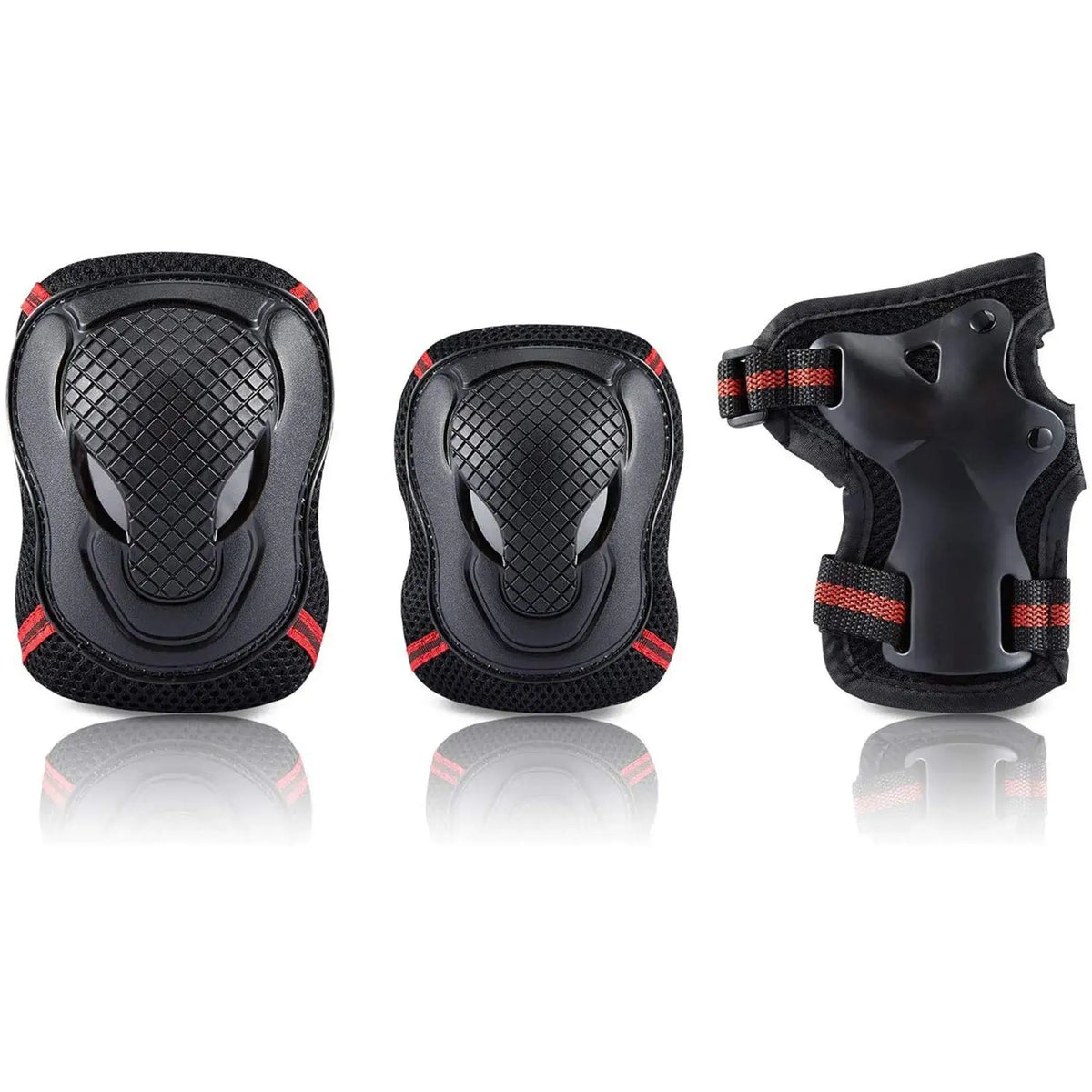 Black Protective Gear Pieces Display – Knee Pad, Elbow Pad, and Wrist Guard with Red Accents on White Background