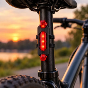 Red bicycle tail light illuminated on a bike seat post at sunset