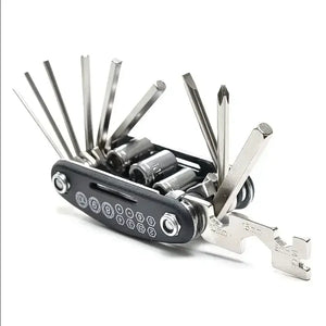 Fully unfolded black 16-in-1 bicycle multi-tool showing hex keys, screwdrivers, and socket wrenches on a white background