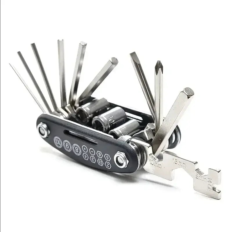 Fully unfolded black 16-in-1 bicycle multi-tool showing hex keys, screwdrivers, and socket wrenches on a white background