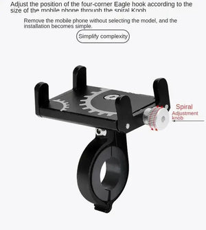 Adjustable Metal Bicycle Handlebar Phone Mount Featuring Spiral Adjustment Knob and Four-Corner Hooks