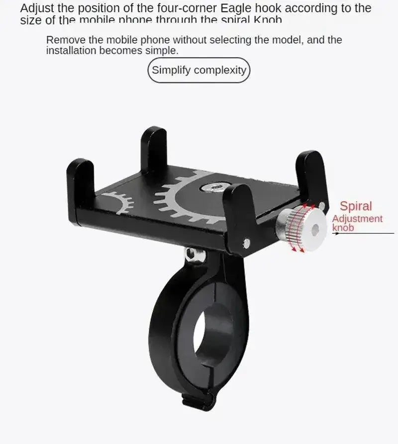 Adjustable Metal Bicycle Handlebar Phone Mount Featuring Spiral Adjustment Knob and Four-Corner Hooks