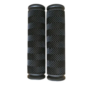 Horizontal view of a single black bicycle handlebar grip with a textured chevron pattern