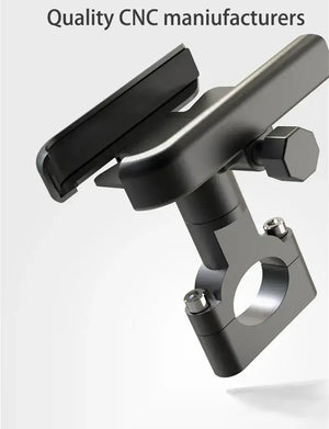 Black metal CNC bicycle and motorcycle phone holder mount with adjustable clamp, isolated on white background