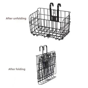 Black metal wire bicycle basket shown open at the top and folded at the bottom