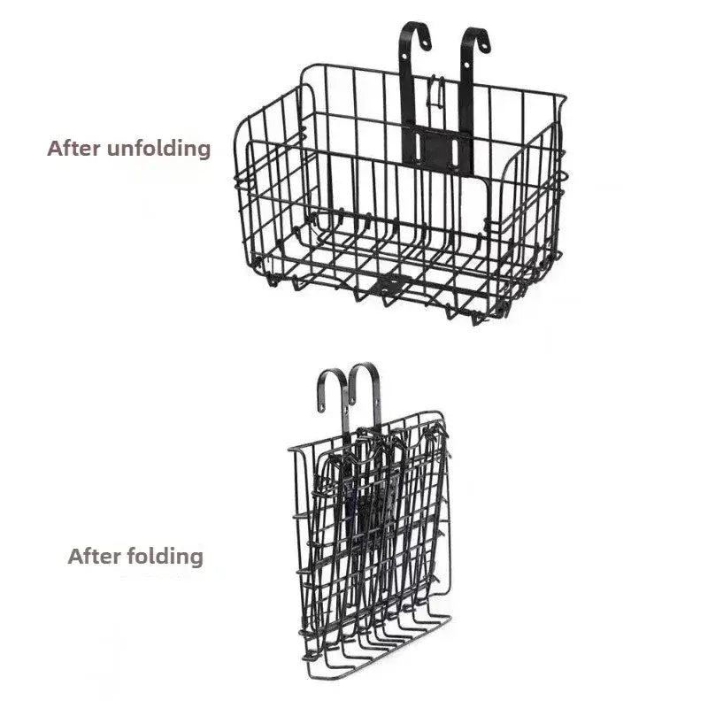 Black metal wire bicycle basket shown open at the top and folded at the bottom
