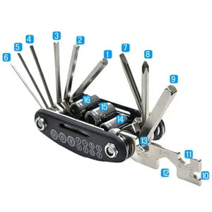 Fully unfolded 16-in-1 bicycle multi-tool on a white background with numbered blue labels for all 16 tool functions