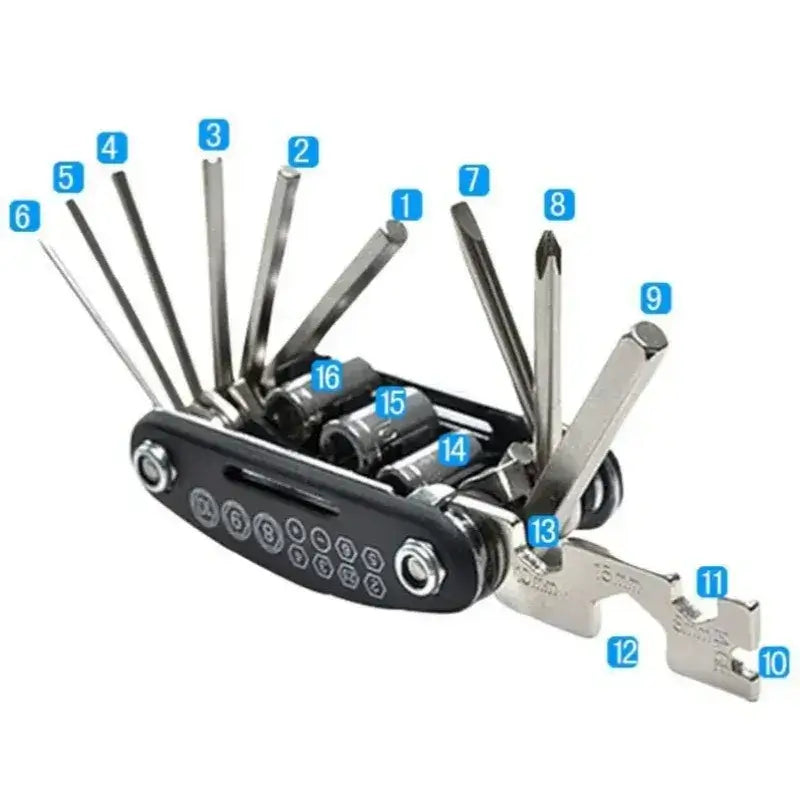 Fully unfolded 16-in-1 bicycle multi-tool on a white background with numbered blue labels for all 16 tool functions