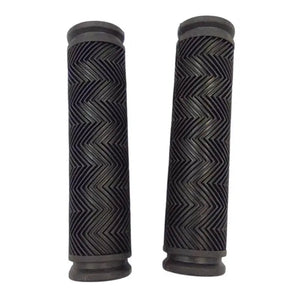 Pair of black bicycle handlebar grips with a textured chevron pattern on a white background