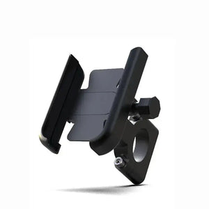 Black metal motorcycle and bicycle phone holder with adjustable clamp and handlebar mount, isolated on a white background