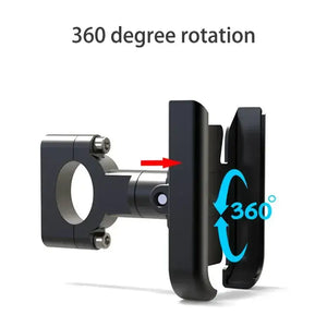 Black metal phone holder with 360-degree rotation diagram and text '360 degree rotation'