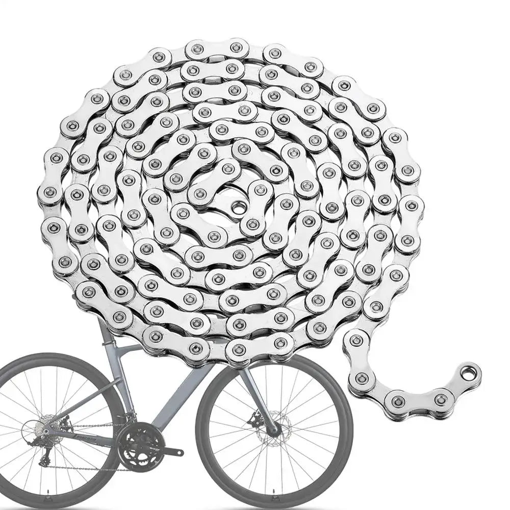A silver metal bicycle chain arranged in a spiral above a small grey bicycle icon, set against a plain white background.