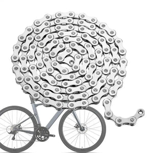 A silver metal bicycle chain arranged in a spiral above a small grey bicycle icon, set against a plain white background.