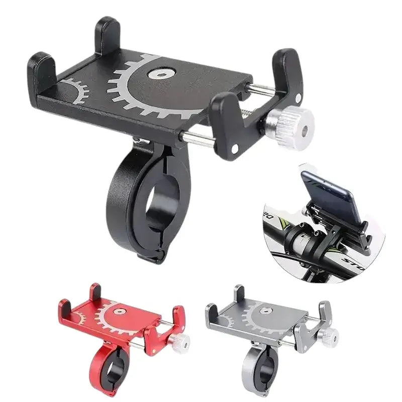 Adjustable Metal Bicycle Handlebar Smartphone Mounts in Black, Red, and Grey with Gear Detail