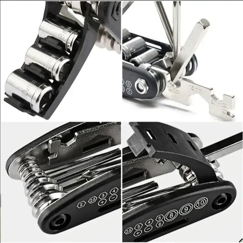 Four-panel collage showing close-up detailed views of the 16-in-1 bicycle multi-tool components, socket set, hex keys, and body