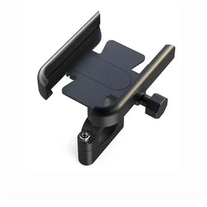 Top-angle view of black metal bicycle phone holder with open adjustable grip arms on white background