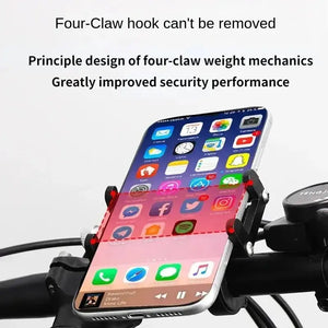 Universal Bike Phone Holder Featuring Four-Claw Weight Mechanics and Enhanced Security – Close-Up View on Handlebars