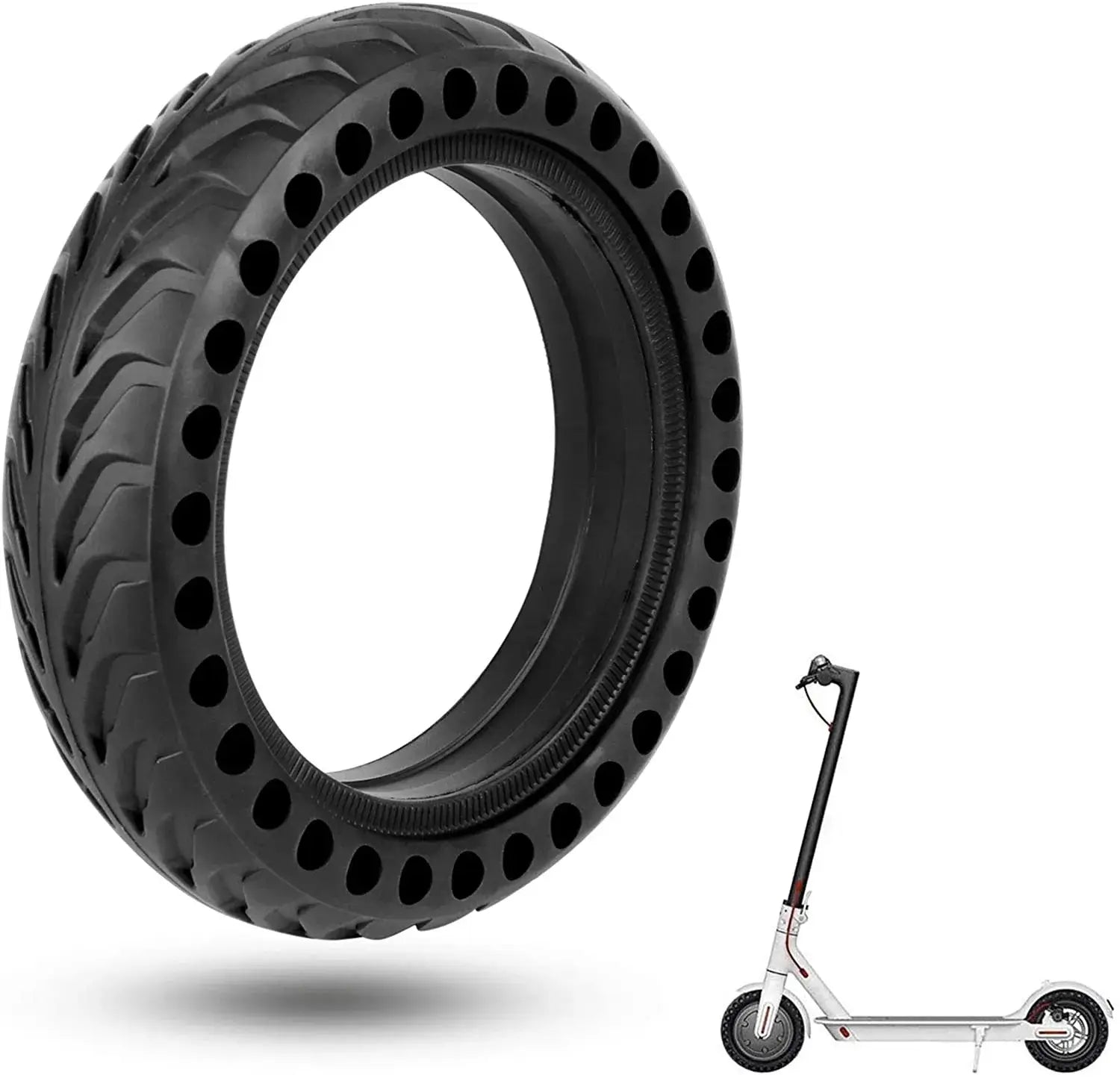 Black 8.5-inch solid electric scooter tire next to a white electric scooter illustration on a white background