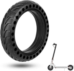 Black 8.5-inch solid electric scooter tire next to a white electric scooter illustration on a white background