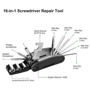 Labeled diagram of an unfolded 16-in-1 bicycle multi-tool showing hex keys, screwdrivers, socket wrenches, and spoke wrench