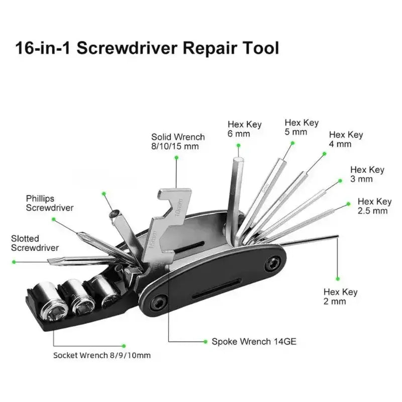 Labeled diagram of an unfolded 16-in-1 bicycle multi-tool showing hex keys, screwdrivers, socket wrenches, and spoke wrench