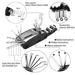 Labeled diagram of an unfolded 16-in-1 bicycle multi-tool displaying hex keys, screwdrivers, socket wrenches, and spoke wrenches with size indicators