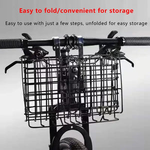 Front view of a black metal wire foldable bicycle basket mounted on handlebars