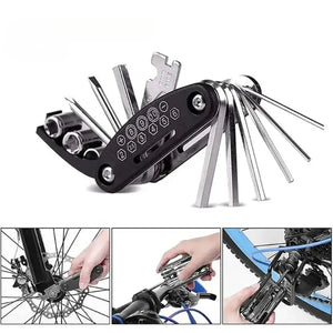 Unfolded 16-in-1 bicycle multi-tool on a white background with three inset photos showing repair use on a wheel, handlebar, and chainstay