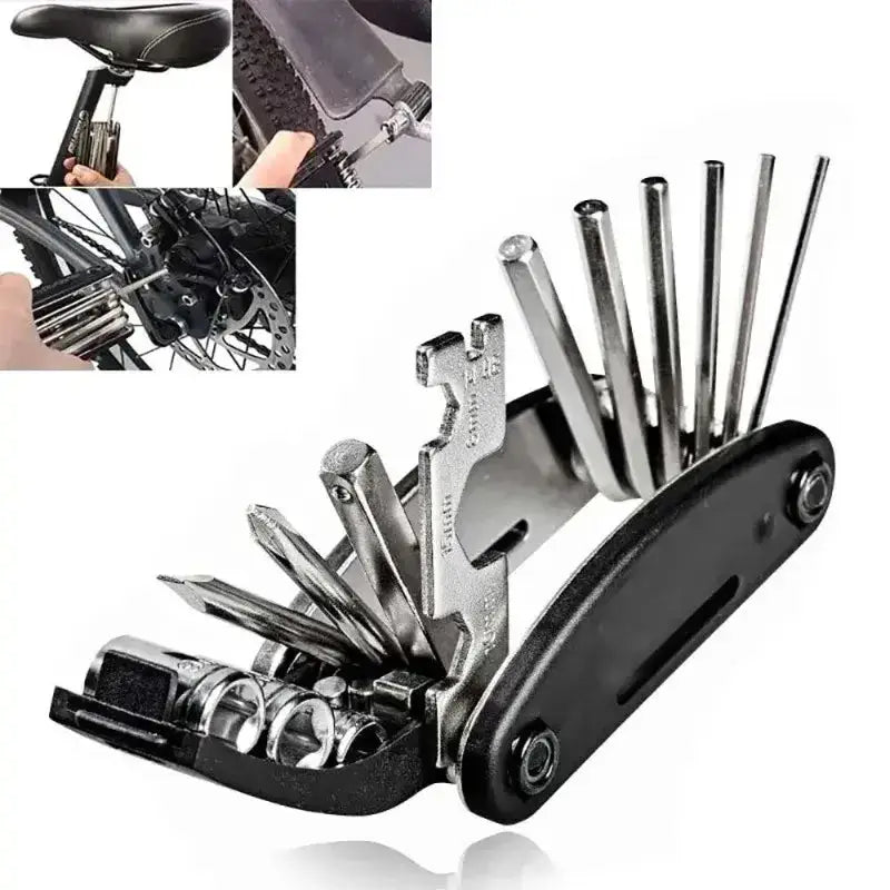 Unfolded 16-in-1 bicycle repair multi-tool with inset photos demonstrating practical bicycle maintenance applications