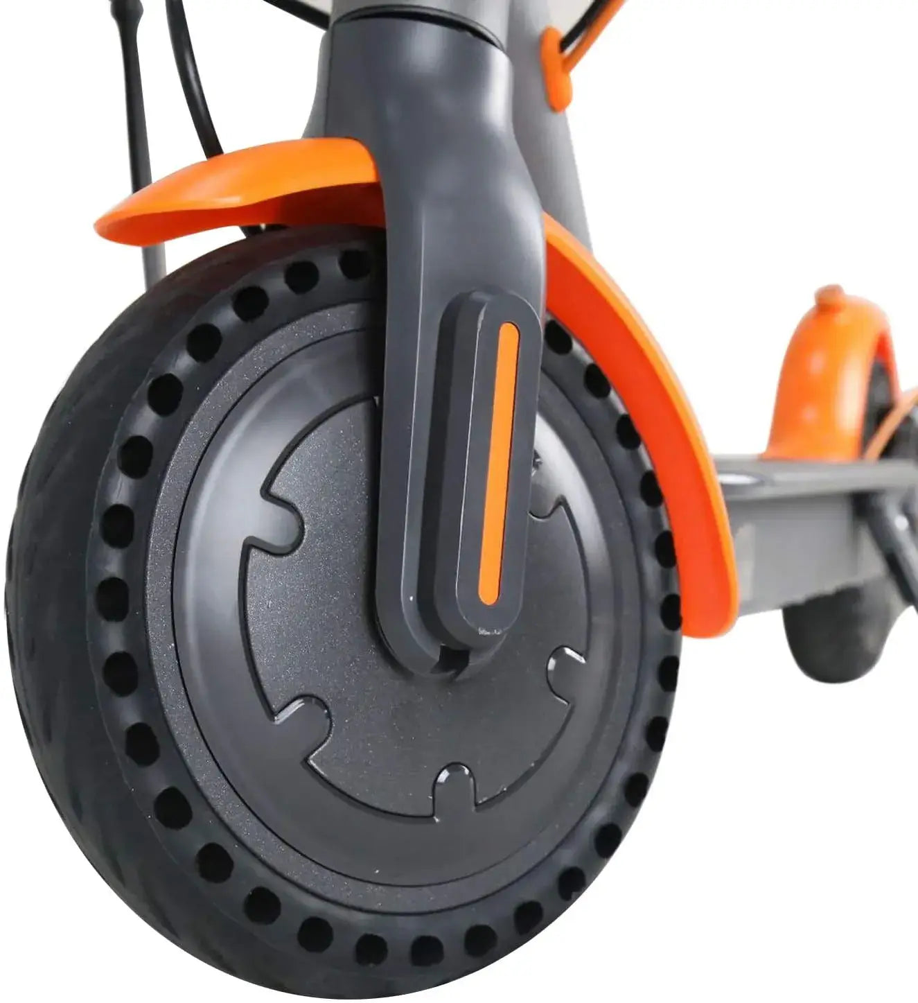 Close-up of an electric scooter front wheel with installed 8.5-inch solid tire, black hub, and orange fender