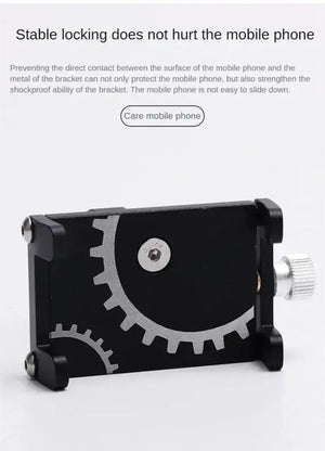 Black Aluminum Alloy Smartphone Holder with Gear Design Accent and Adjustable Knob – Product Close-Up with Text Overlay