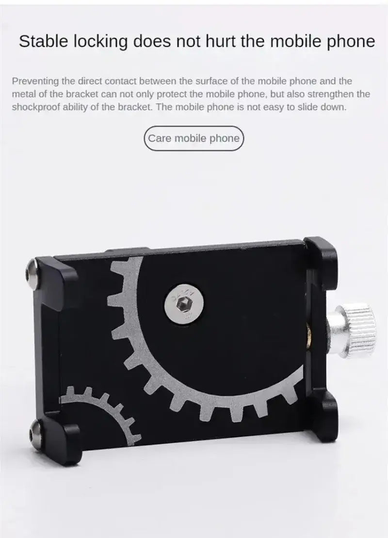 Black Aluminum Alloy Smartphone Holder with Gear Design Accent and Adjustable Knob – Product Close-Up with Text Overlay