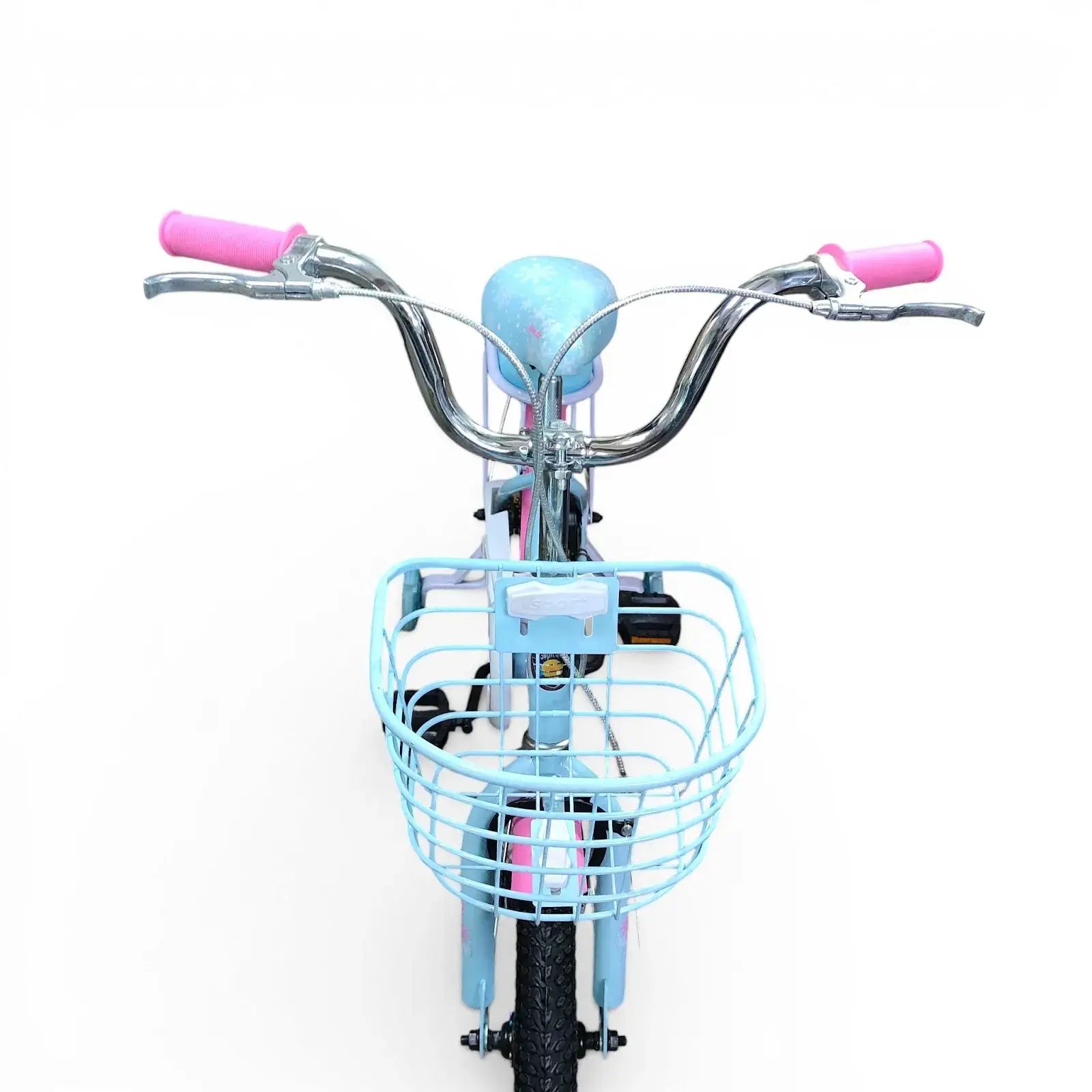 Front view of blue Roadix 16-inch girls bicycle showing basket, handlebars, and front wheel
