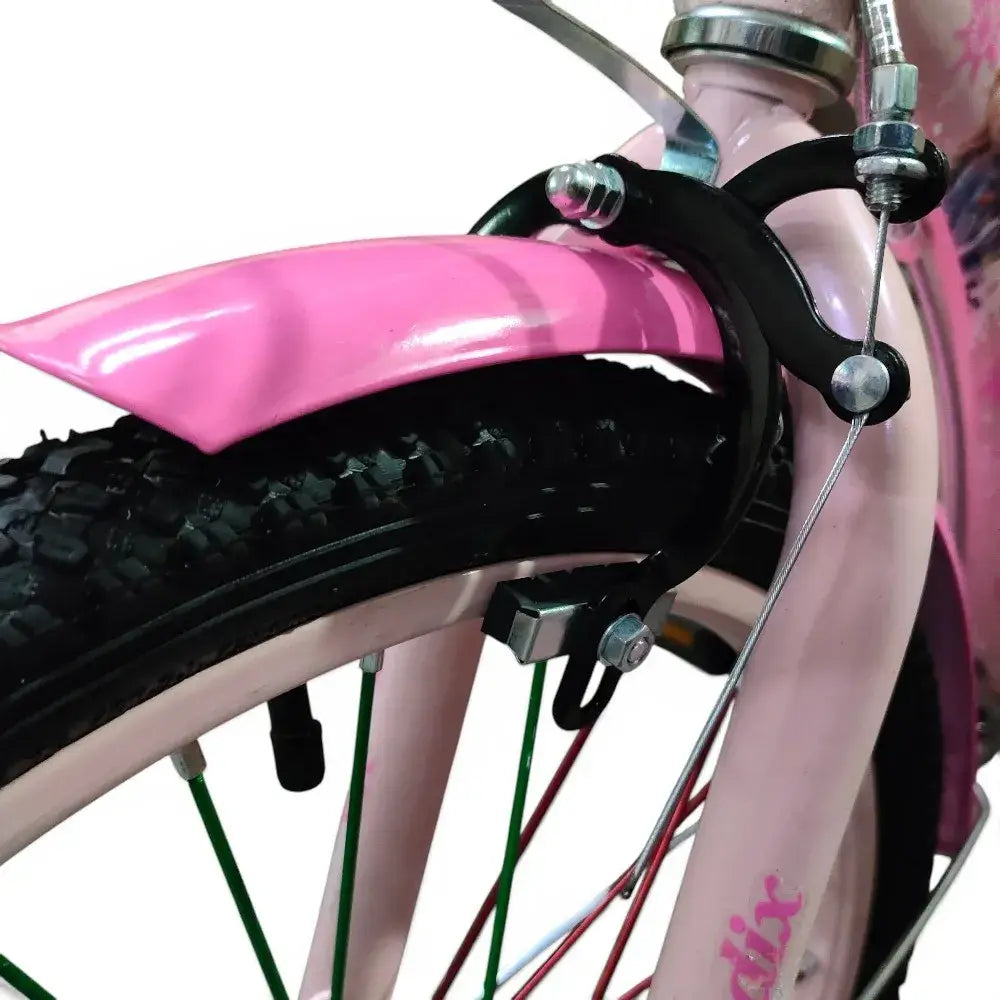 Close-up side view of the front wheel, pink fender, and brake system of a Roadix girls bicycle.