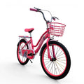 Fuchsia 20-inch Roadix girls bicycle with front basket and rear seat.
