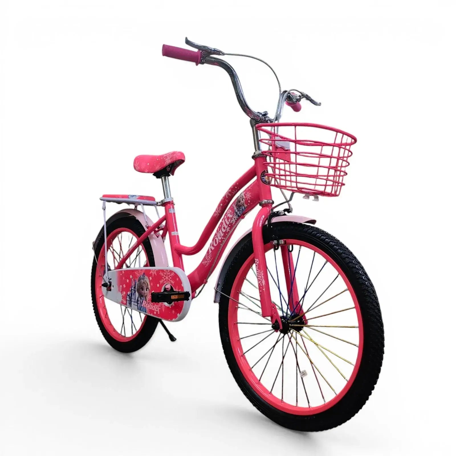 Fuchsia 20-inch Roadix girls bicycle with front basket and rear seat.
