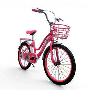 Fuchsia 20-inch Roadix girls bicycle with front basket and rear seat.
