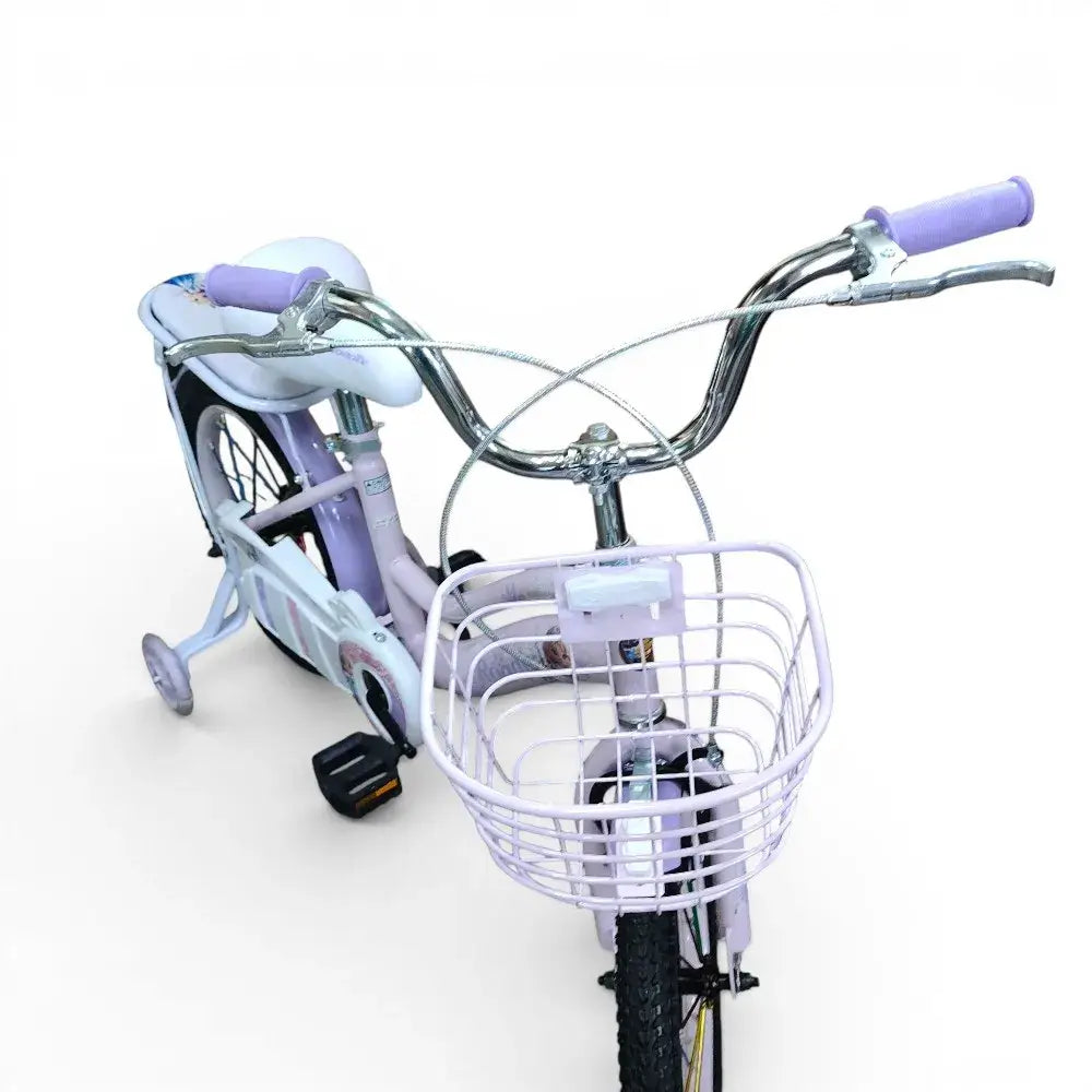 Front view of puple Roadix 16-inch girls bicycle showing basket, handlebars, and front wheel