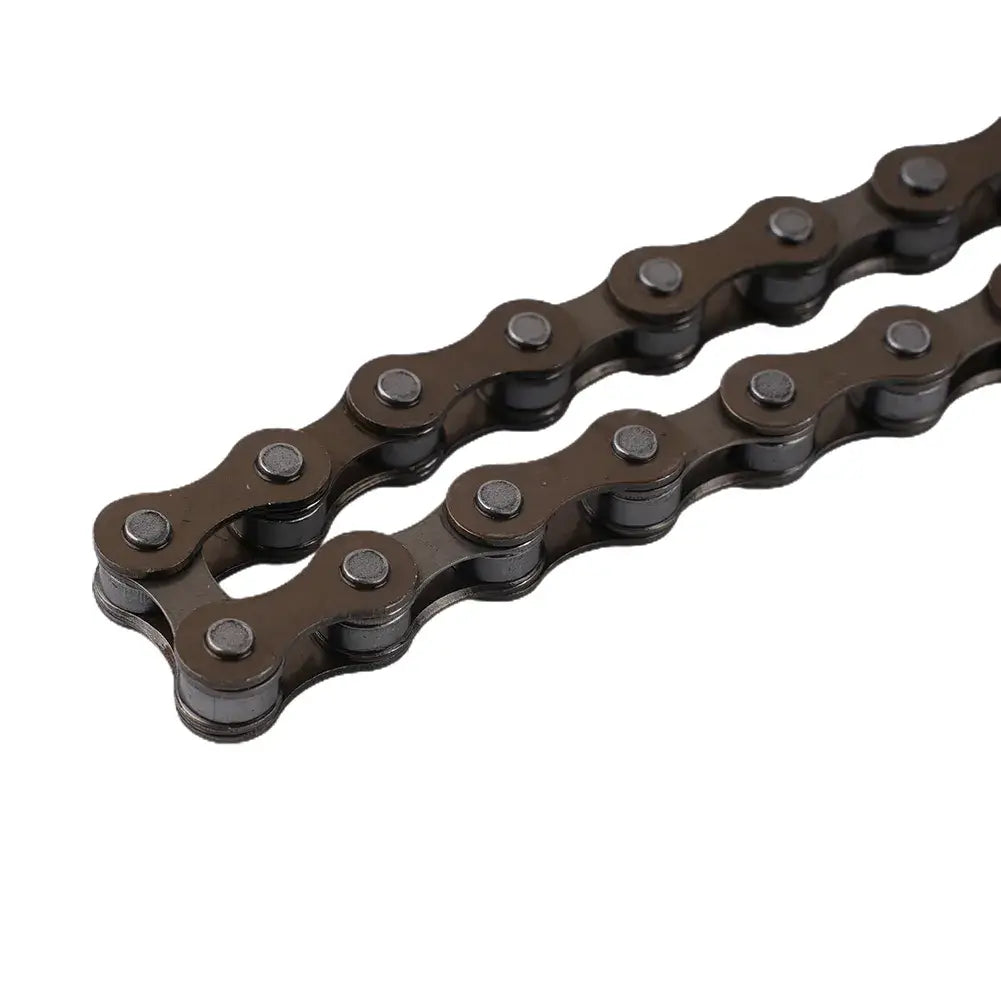 Close-up of a dark metallic bicycle roller chain with dark gray pins, positioned diagonally on a plain white background.