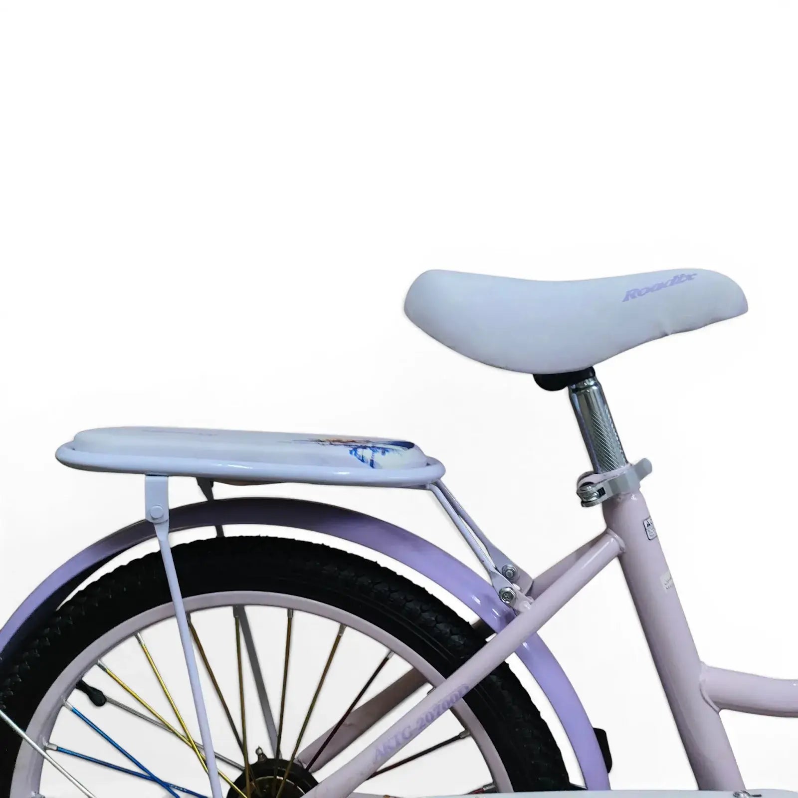 Close-up side view of the adjustable Purple saddle and padded rear seat of a Roadix girls bicycle.