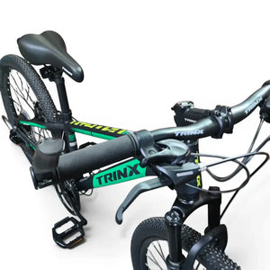 High-angle front view of green and black Trinx K024 24-inch mountain bike showing handlebars and frame