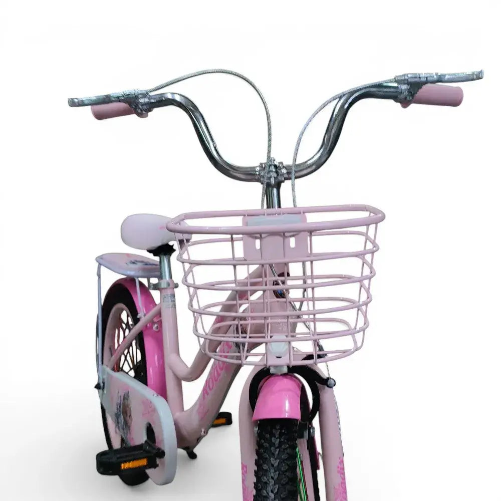 Front view of a pink Roadix 20-inch girls bicycle with front metal basket and handlebar grips.