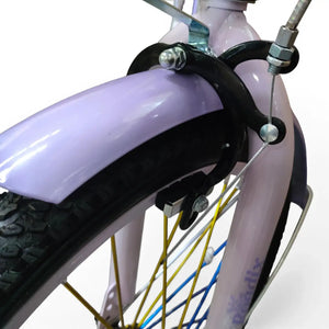 Close-up side view of the front wheel, Purple fender, and brake system of a Roadix girls bicycle.