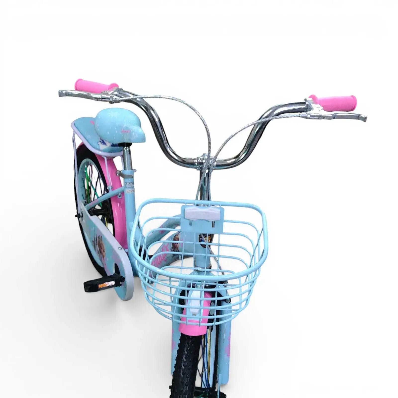 Front view of a Blue Roadix 20-inch girls bicycle with front metal basket and handlebar grips.