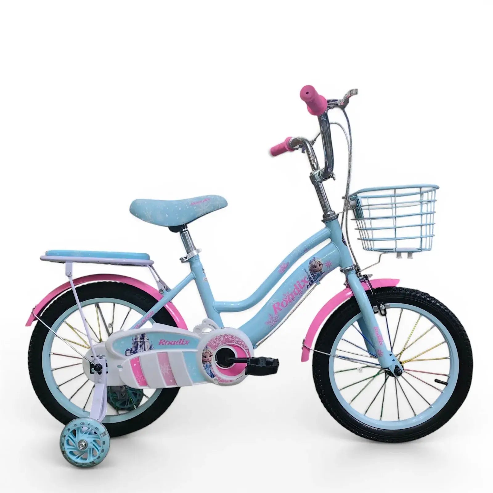 Side View of Roadix 16 inch blue girls bicycle with training wheels and front basket
