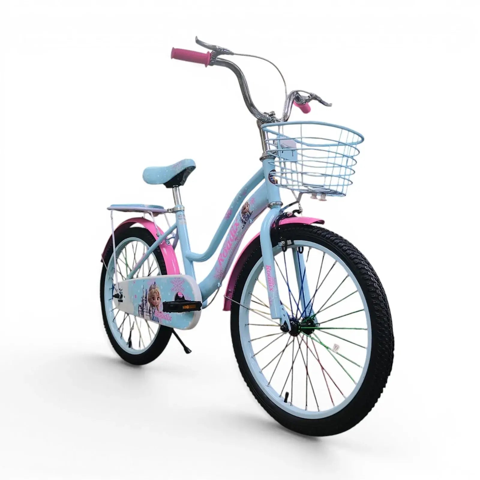 Blue 20-inch Roadix girls bicycle with front basket and rear seat.